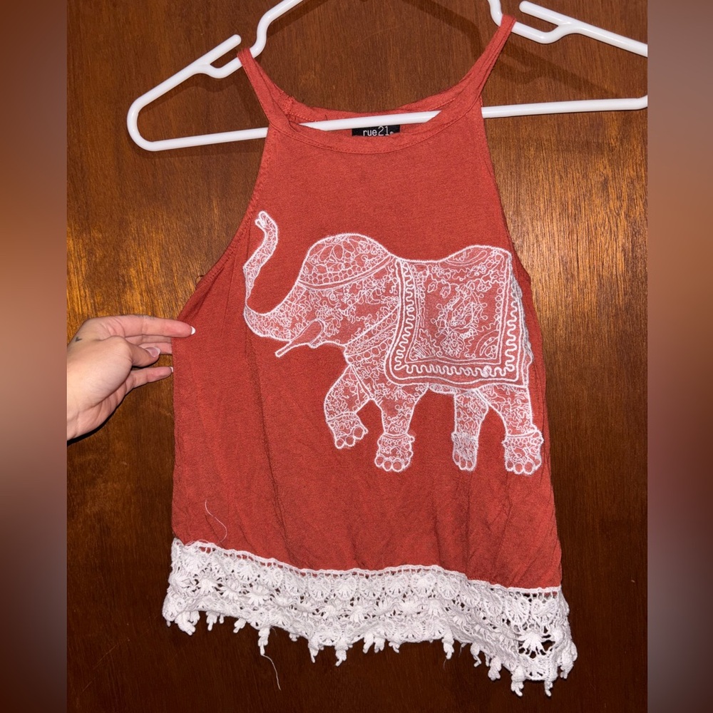 Rue21 Terracotta Tank with Elephant Design and Lace Hem